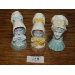 THREE ROYAL WORCESTER CANDLE SNUFFERS ENTITLED, YOUNG GIRL, OLD WOMEN AND MOB CAP
