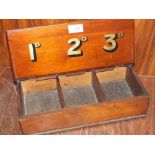 A VINTAGE MAHOGANY THREE CHAMBER MONEY BOX