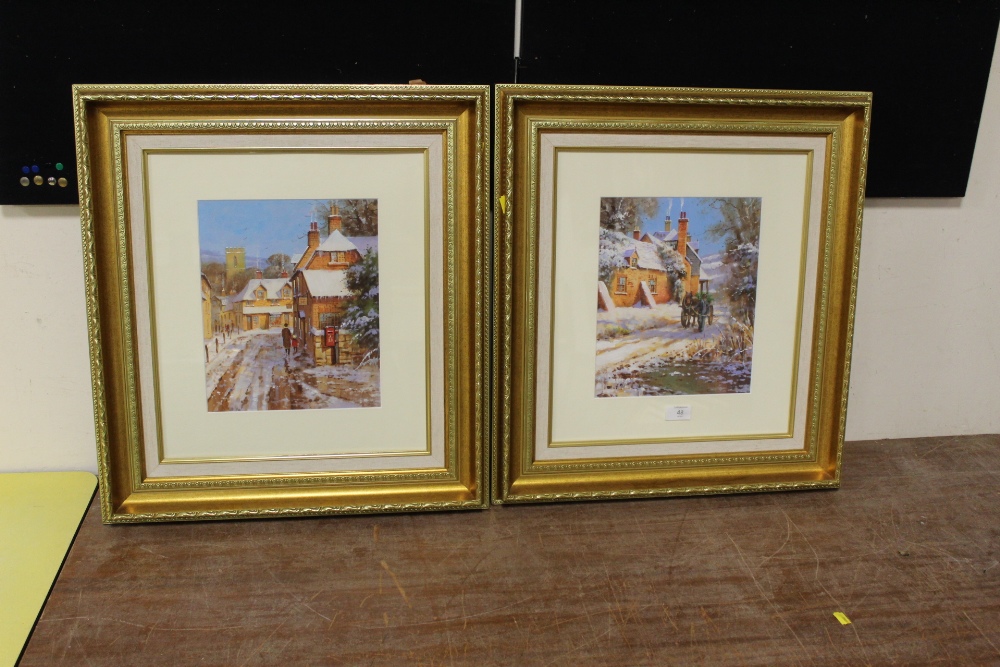 A PAIR OF GILT FRAMED AND GLAZED GOUACHES DEPICTING WINTER SCENES BY JOHNNY GASTER, PICTURE SIZE