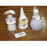 THREE ROYAL WORCESTER CANDLE SNUFFERS ENTITLED OWL, HUSH AND FEATHERED HAT