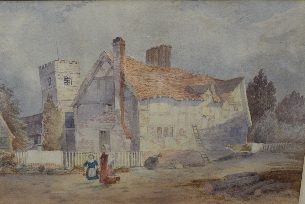 A PAIR OF GILT FRAMED AND GLAZED WATERCOLOURS DEPICTING FIGURES BESIDE COTTAGES, OVERALL SIZE 57 X - Image 2 of 4