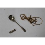 A HALLMARKED SILVER CONDIMENT SPOON, 9CT GOLD WATCH CHAIN CLASP AND A YELLOW METAL CHAIN (3)