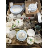 TWO TRAYS OF CERAMICS AND CHINA TO INCLUDE DOULTON TEA WARE, A PAIR OF CORONA WARE VASES ETC.