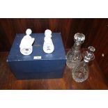 TWO CUT GLASS DECANTERS TOGETHER WITH A BOXED PAIR OF SPODE SIMON AND JOANNA FIGURES