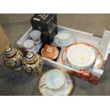 A TRAY OF ASSORTED CERAMICS TO INCLUDE A PAIR OF NORITAKE VASES, BOXED ROYAL CROWN DERBY PIN DISH,