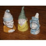 THREE ROYAL WORCESTER CANDLE SNUFFERS ENTITLED MR CAUDLE, MRS CAUDLE AND PUNCH