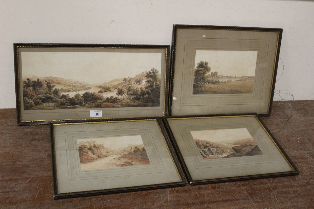 FOUR ANTIQUE FRAMED AND GLAZED WATERCOLOURS OF RURAL SCENES TITLED TO THE MOUNTS