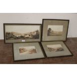 FOUR ANTIQUE FRAMED AND GLAZED WATERCOLOURS OF RURAL SCENES TITLED TO THE MOUNTS