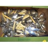 A BOX OF SILVER PLATED FLATWARE ETC.