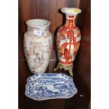 TWO JAPANESE CERAMIC VASES TOGETHER WITH TWO ORIENTAL STYLE BLUE AND WHITE PLATTERS