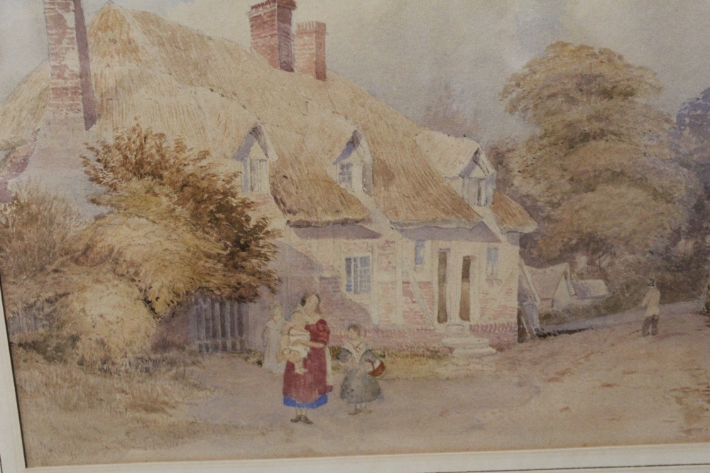 A PAIR OF GILT FRAMED AND GLAZED WATERCOLOURS DEPICTING FIGURES BESIDE COTTAGES, OVERALL SIZE 57 X - Image 3 of 4