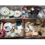 EIGHT BOXES OF ASSORTED CERAMICS AND GLASSWARE ETC. TO INCLUDE A FIGURAL MANTEL CLOCK, HAND