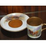 A ROYAL WORCESTER H STINTON HAND PAINTED COFFEE CUP AND SAUCER DEPICTING HIGHLAND CATTLE, SIGNED