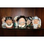 SIX LARGE ROYAL DOULTON CHARACTER JUGS, WILLIAMSBERG, APOTHECARY, DON QUIXOTE, TAM O'SHANTER, SANCHO