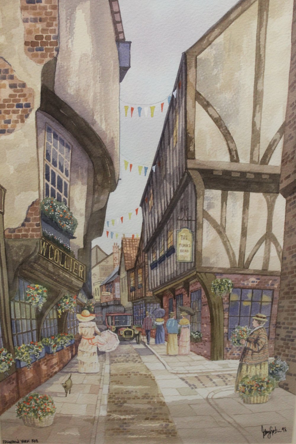 A PAIR OF LARGE GILT FRAMED AND GLAZED WATERCOLOURS BY JOHNNY GASTER, ENTITLED 'EDWARDIAN YORK 1918' - Image 2 of 4