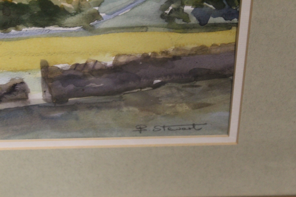 A PINE FRAMED AND GLAZED WATERCOLOUR OF A RURAL LANDSCAPE SIGNED B STEWART LOWER RIGHT PICTURE - Image 2 of 3