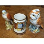 A BESWICK KESTREL FIGURE, LARGE BESWICK BARN OWL AND A BESWICK LIMITED EDITION TANKARD