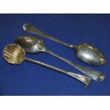 TWO GEORGIAN SILVER PICTURE BACK SPOONS, AND AN ONSLOW PATTERN MUSTARD SPOON (3)