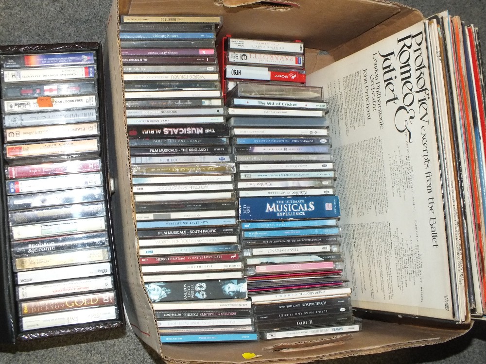 A BOX OF LP RECORDS, CDS AND CASSETTE TAPES