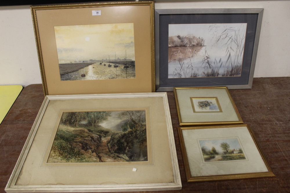 A COLLECTION OF ASSORTED WATERCOLOURS TO INCLUDE A WATERCOLOUR OF A RAMS HEAD, WOODED LANDSCAPE,