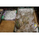 TWO TRAYS OF GLASSWARE TO INCLUDE A DECANTER