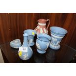 A COLLECTION OF BLUE WEDGWOOD JASPERWARE TOGETHER WITH A JASPERWARE JUG