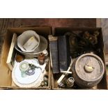 TWO BOXES OF CERAMICS AND COLLECTABLES TO INCLUDE A STONEWARE BARREL, WEDGWOOD JASPERWARE,