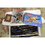 A BOX OF VINTAGE MECCANO TOGETHER A THUNDERBIRDS JIGSAW AND TWO BOOKS