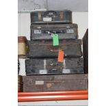 A COLLECTION OF NINE ASSORTED VINTAGE SUITCASES, largest 65 x 51 cm