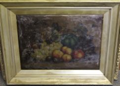 ENGLISH SCHOOL (XIX). A still life study of fruit, oil on board, gilt framed, 39 x 54 cm A/F