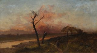 ENGLISH SCHOOL (XIX). An estuary scene with figure walking, signed lower right but indistinct, oil