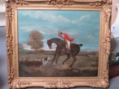 (XIX). English School. A huntsman on horseback with hounds. Oil on canvas, gilt framed, 53 x 70 cm