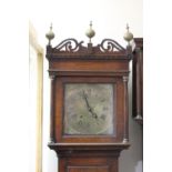 A 19TH CENTURY OAK BRASS FACED LONGCASE CLOCK, the 11" brass dial with eight day movement, Roman and