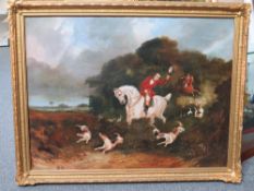 (XIX). English School. A Huntsman on horseback with hounds. Oil on canvas, gilt framed, 63 x 75 cm