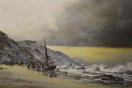MARTIN SPENCER COLEMAN (B 1952). A stormy, rocky coastal beach scene with fishing boat, horse, cart,