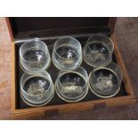 TWO TRAYS OF ASSORTED GLASSWARE, to include decanters, Bristol blue glass, boxed set of vintage cars