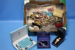 A BOX OF ASSORTED COSTUME JEWELLERY AND WRISTWATCHES