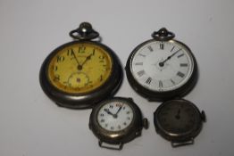 A SILVER FOB WATCH AND THREE OTHER WATCHES A/F