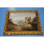 A 19TH CENTURY ENGLISH SCHOOL OIL PAINTING ON WOOD PANEL DEPICTING A LANDSCAPE WITH SHEPHERD /