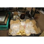 TWO TRAYS OF GLASSWARE, ORNAMENTS AND A BAR0METER