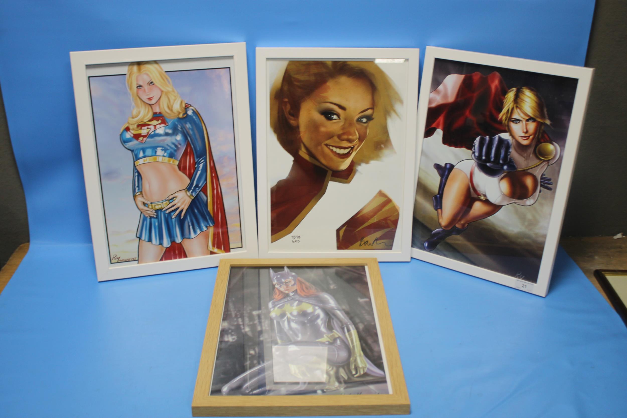 FRAMED COMIC ART - SUPERGIRL, POWERGIRL, BATGIRL etc. two signed R. Marinetti, frame sizes 46 x 33.5