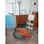 A SELECTION OF GARDEN TOOLS TO INCLUDE A FLYMO HOVVER LAWNMOWER