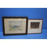 A FRAMED AND GLAZED WATERCOLOUR DEPICTING A MOUNTAINOUS SCENE TOGETHER WITH A FRAMED ENGRAVING (2)