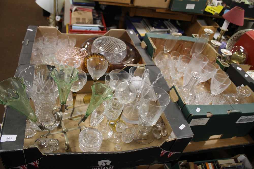 THREE TRAYS OF GLASSWARE TO INCLUDE AN EPERGNE (TRAYS NOT INCLUDED)