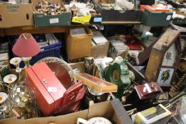 TWO TRAYS OF METALWARE, CLOCKS, CLOCK PARTS ETC. (TRAYS NOT INCLUDED)