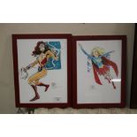 MIKE COLLINS COMIC ARTIST SKETCHES, Wonder Woman signed and dated 2014 and Supergirl signed, frame