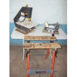 A BURGESS TABLETOP BANDSAW, A BENCH GRINDER AND A WORK BENCH