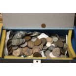 A COLLECTION OF MAINLY BRITISH PRE-DECIMAL COINS, ¼d - 2/6, ALONG WITH AN EPNS CADDY SPOON AND MINOR