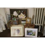 A QUANTITY OF ASSORTED PICTURES AND PRINTS INCLUDING SOME TILED BOARDS