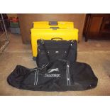TWO CARLTON SUITCASES , A SAMSONITE SUIT MANAGER BAG AND A GOLF CLUB TRAVEL BAG